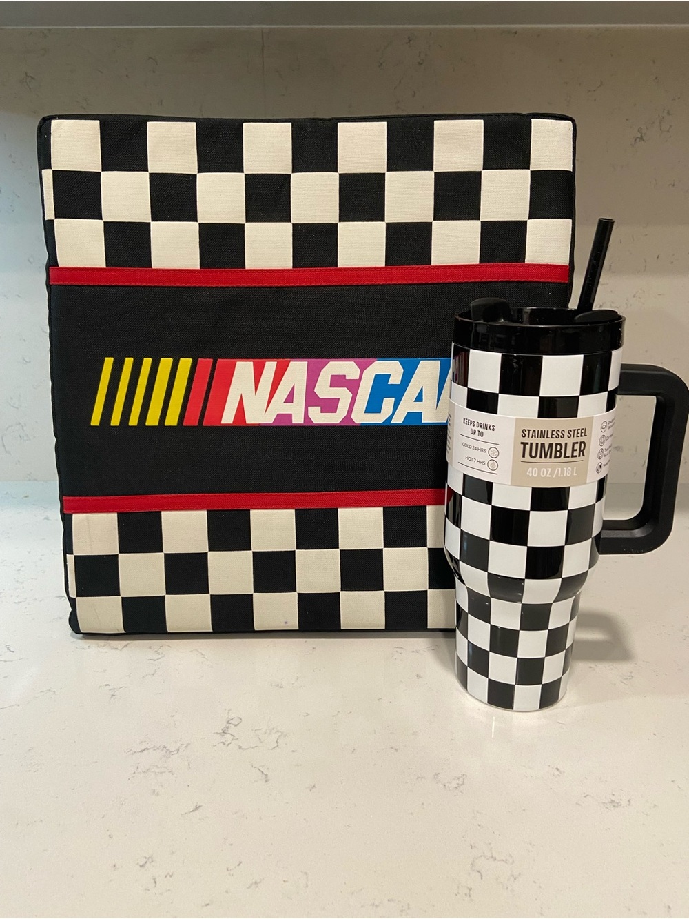 Nascar Bleacher Seat Cushion and Checkered Insulated Cup